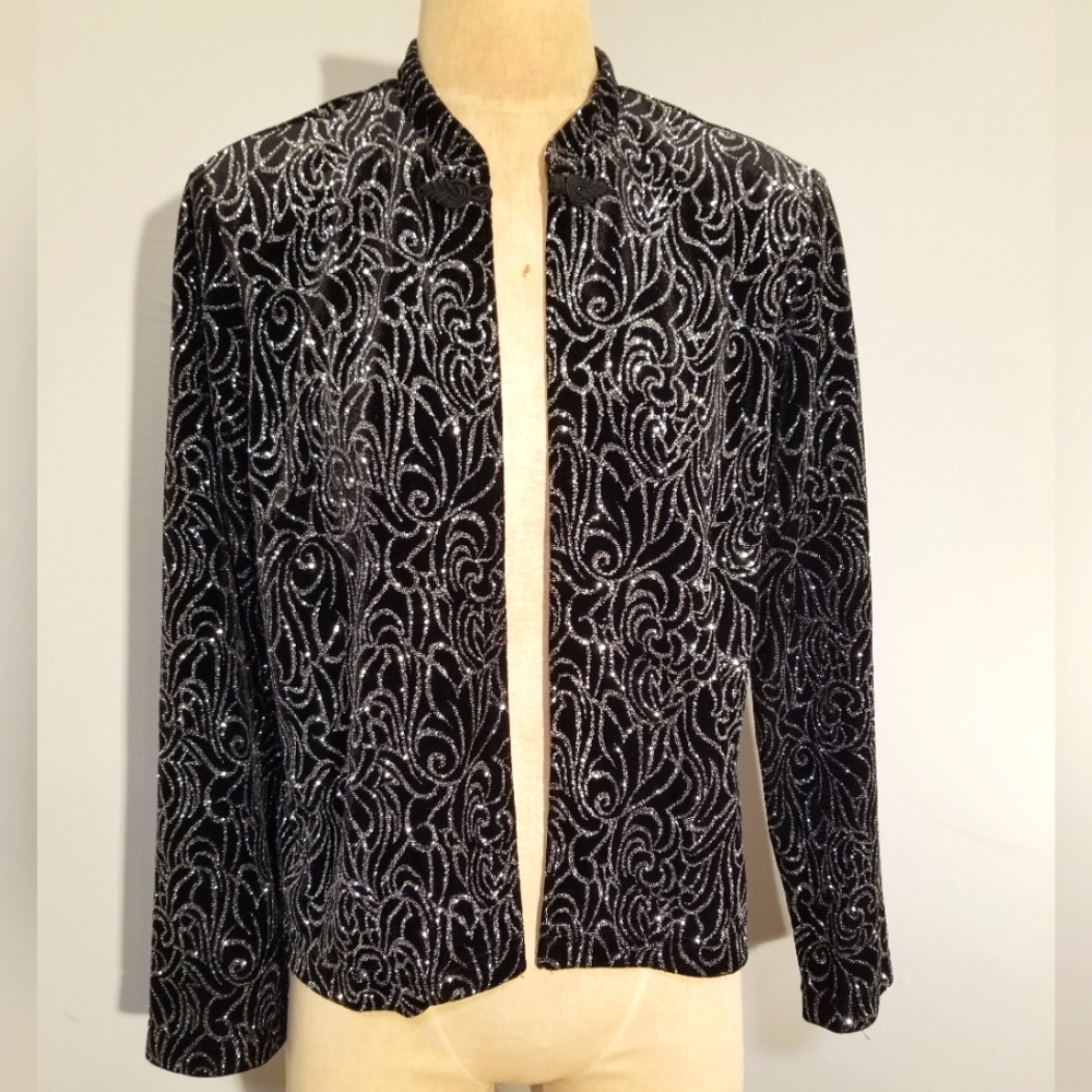 VINTAGE SHERI MARTIN BLACK VELVET CARDIGAN SWEATER BLAZER METALLIC SILVER SWIRLS